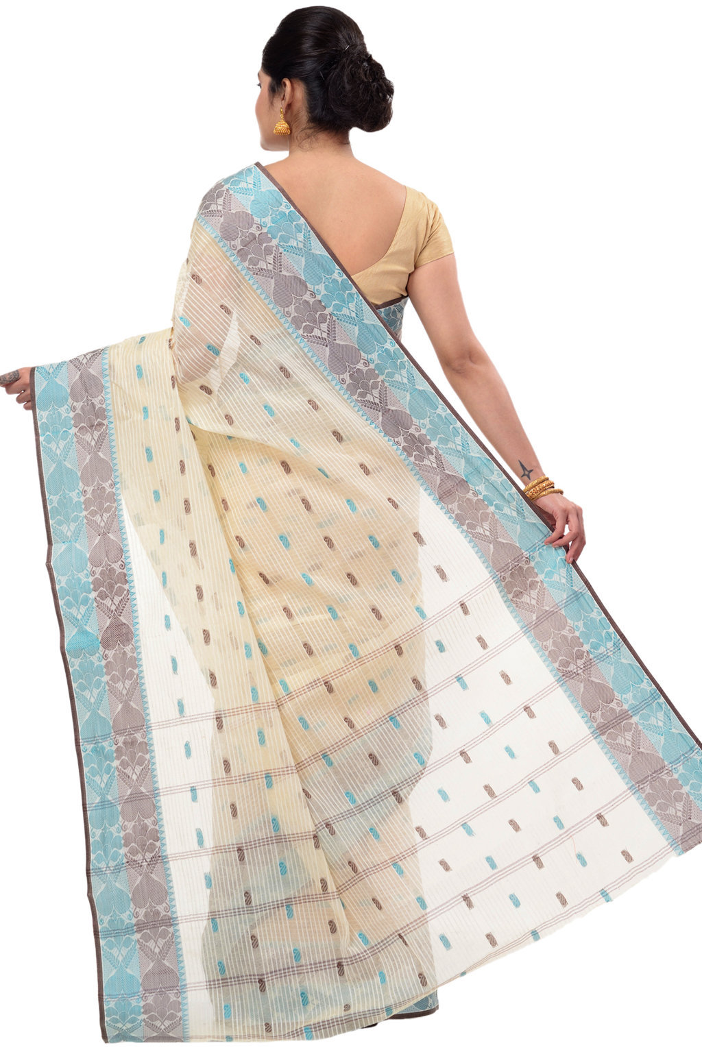 Green Brown Pure Cotton Aged_Women Tant Saree (405)